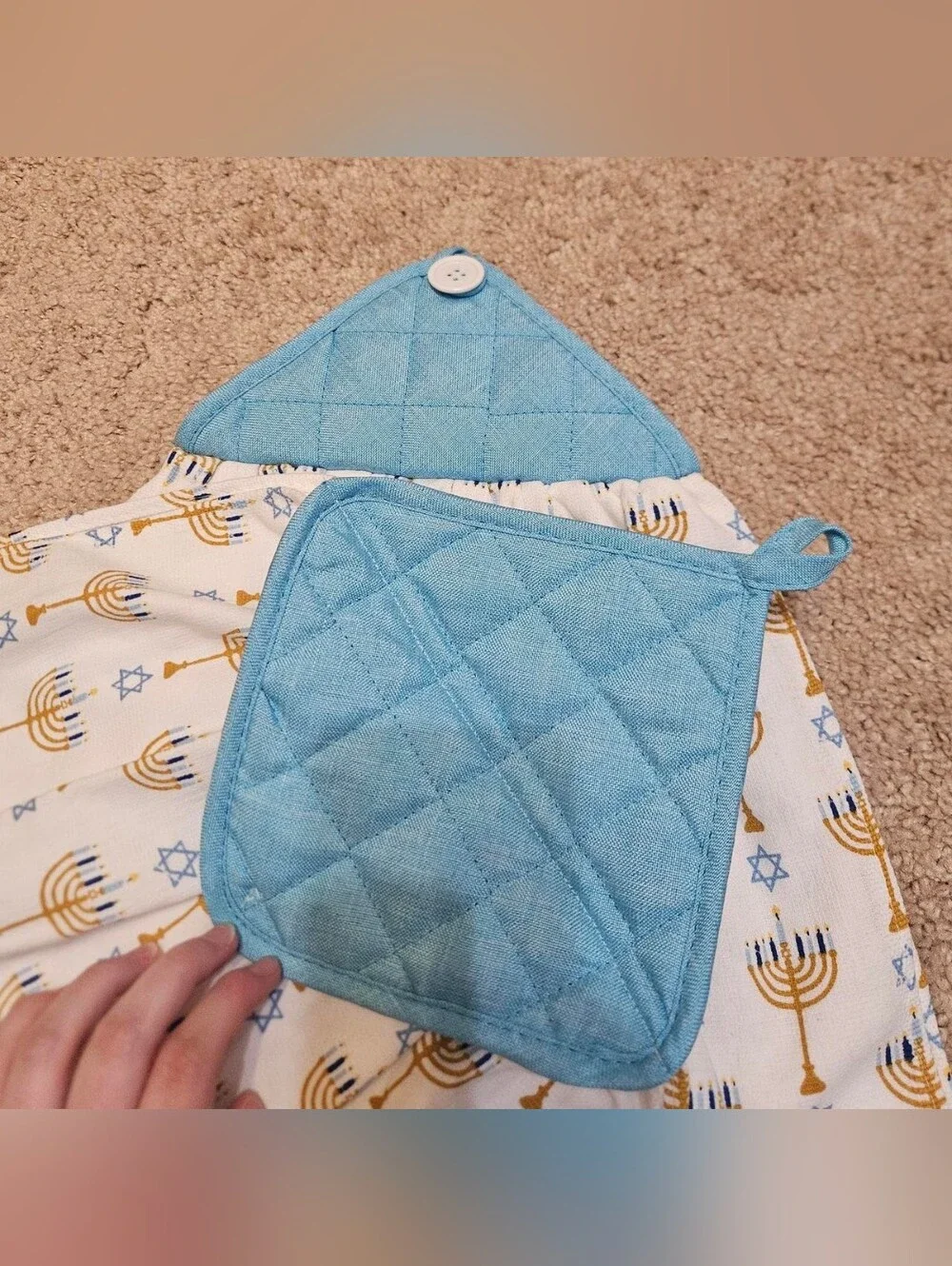 2 Handcrafted Potholders Attached To Towels | Blue, White + Gold | Jewish